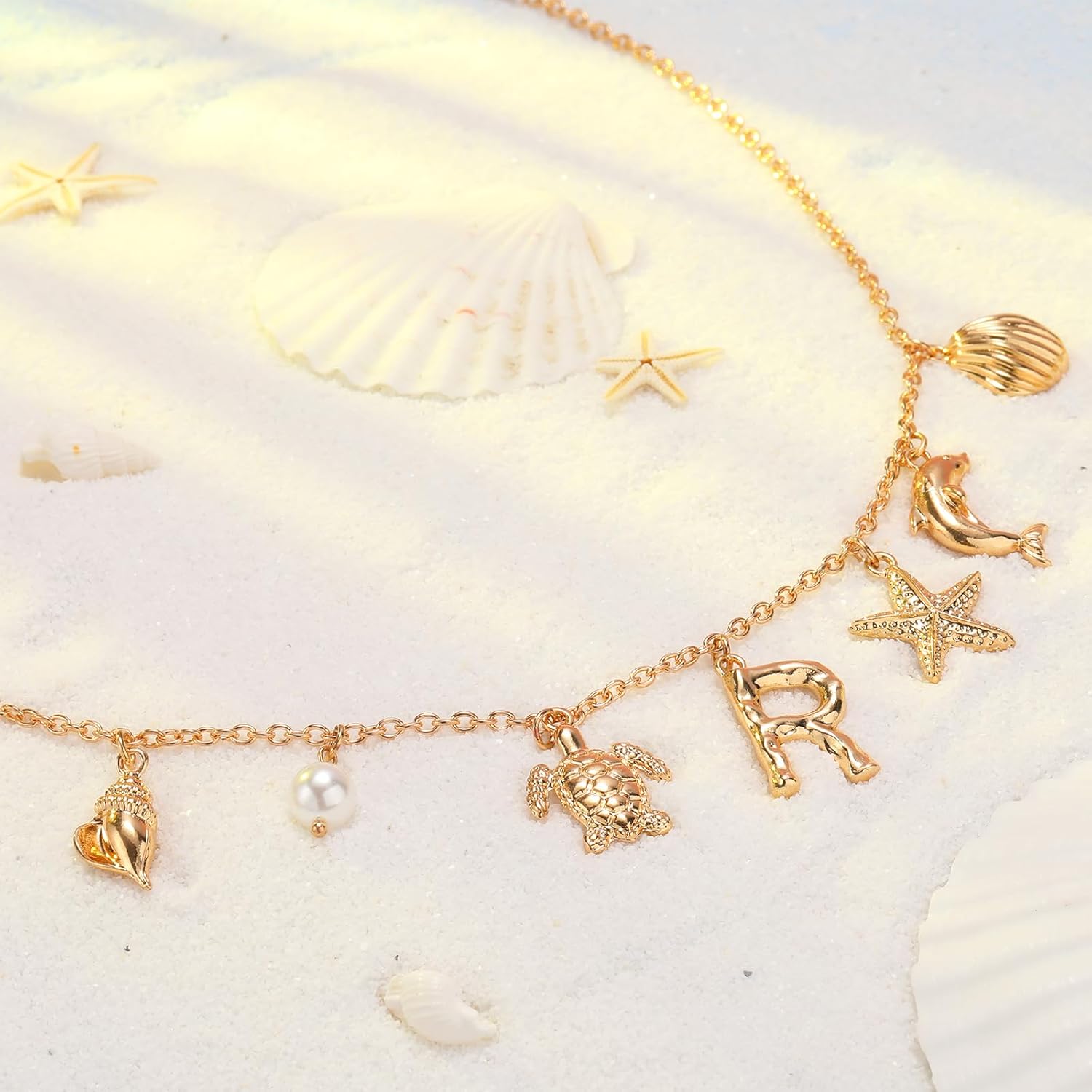 NEKOL Initial R Charm Necklace For Women, Boho Gold Summer Beach Surfer Letter Necklace Starfish Seashell Pearl Turtles Dolphin Charms Pendant, Trendy Pendant Alphabet Choker Necklace Jewelry Gifts - Image 4