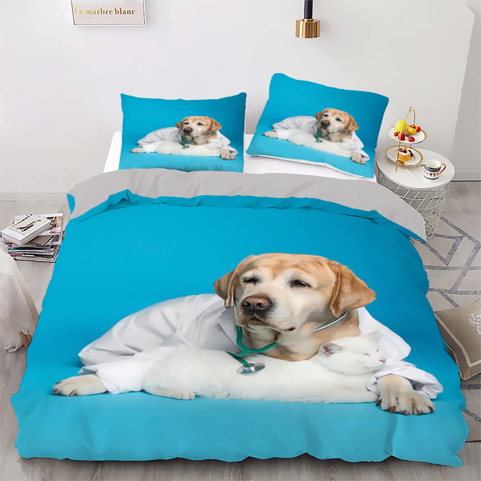 Housse de couette 240x260 chiot bleu housse lit fibre superfine zip