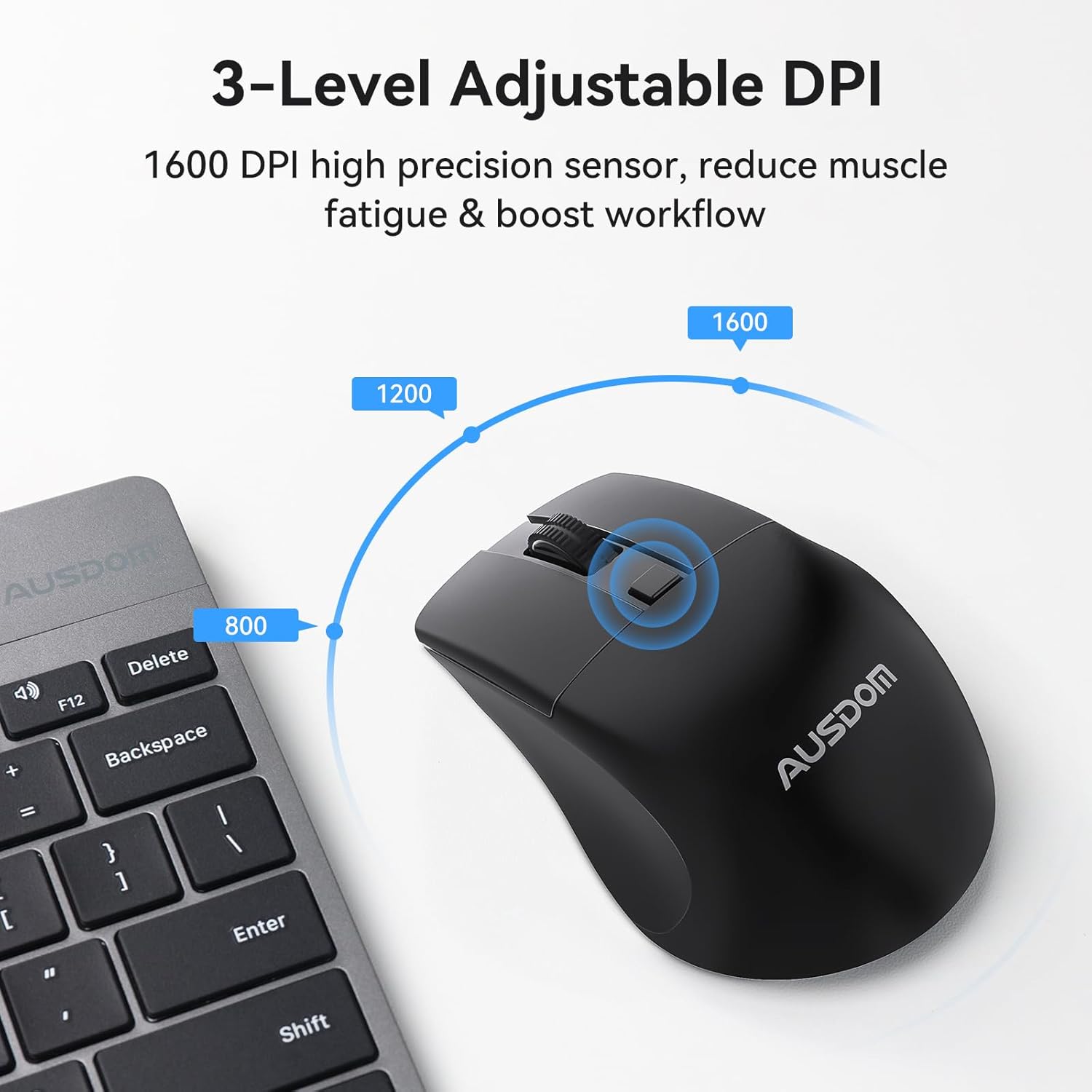 AUSDOM Wireless Bluetooth Keyboard Full Size + Wireless Ergonomic Mouse with 2.4G USB Mini Receiver, Cordless Computer Keyboard and Mice for Computer/Mac/Windows