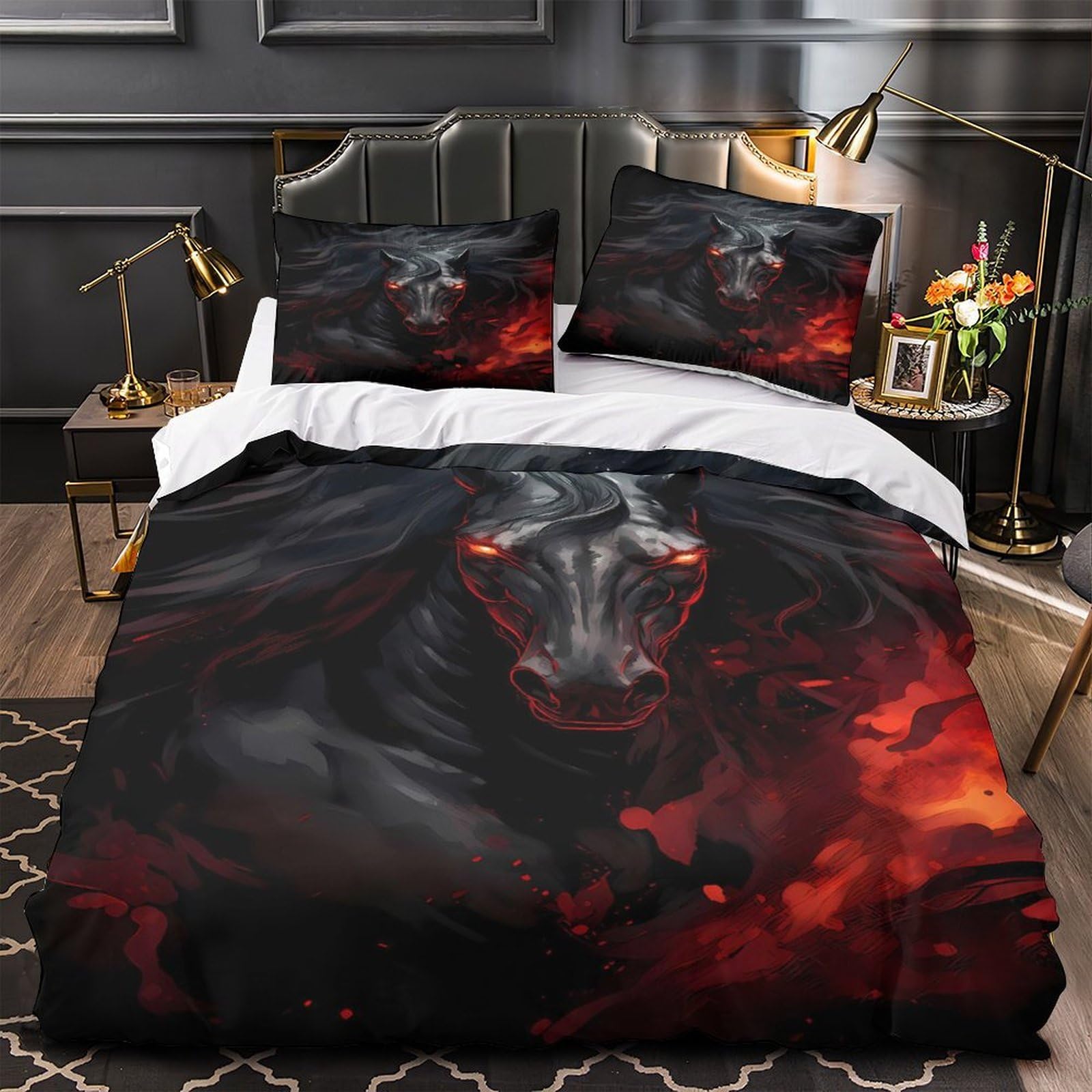 Mythical Horse Comforter Cover 3D Design Printed All Season 3 Piece Bedding Set Zipper dark Fantasy Duvet Cover Luxury Breathable for Kids Teens Adults Women Youth Teenagers Single（140x200cm）