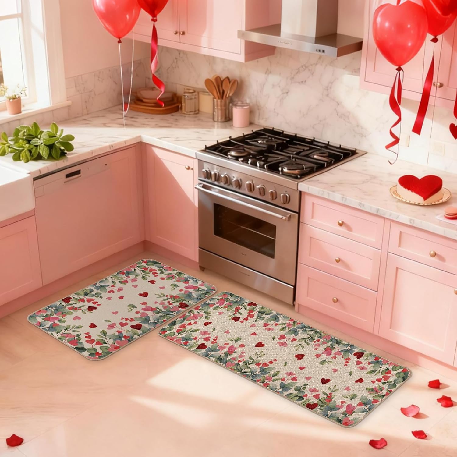Moutina Eucalyptus Valentines Kitchen Rugs Set of 2, Valentines Day Home Decor Low-Profile Kitchen Mats for Floor - 17x29 and 17x47 Inch