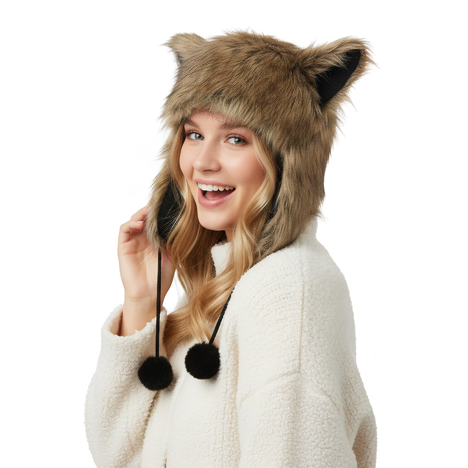 Furry Animal Ear Trapper Hats Women Men Winter Thick Warm Windproof Faux Fur Full Hood Earflap Caps Halloween Cosplay Carnival Christmas Party Cat Fox Wolf Ear Hat Skull Cap Costume Headwear