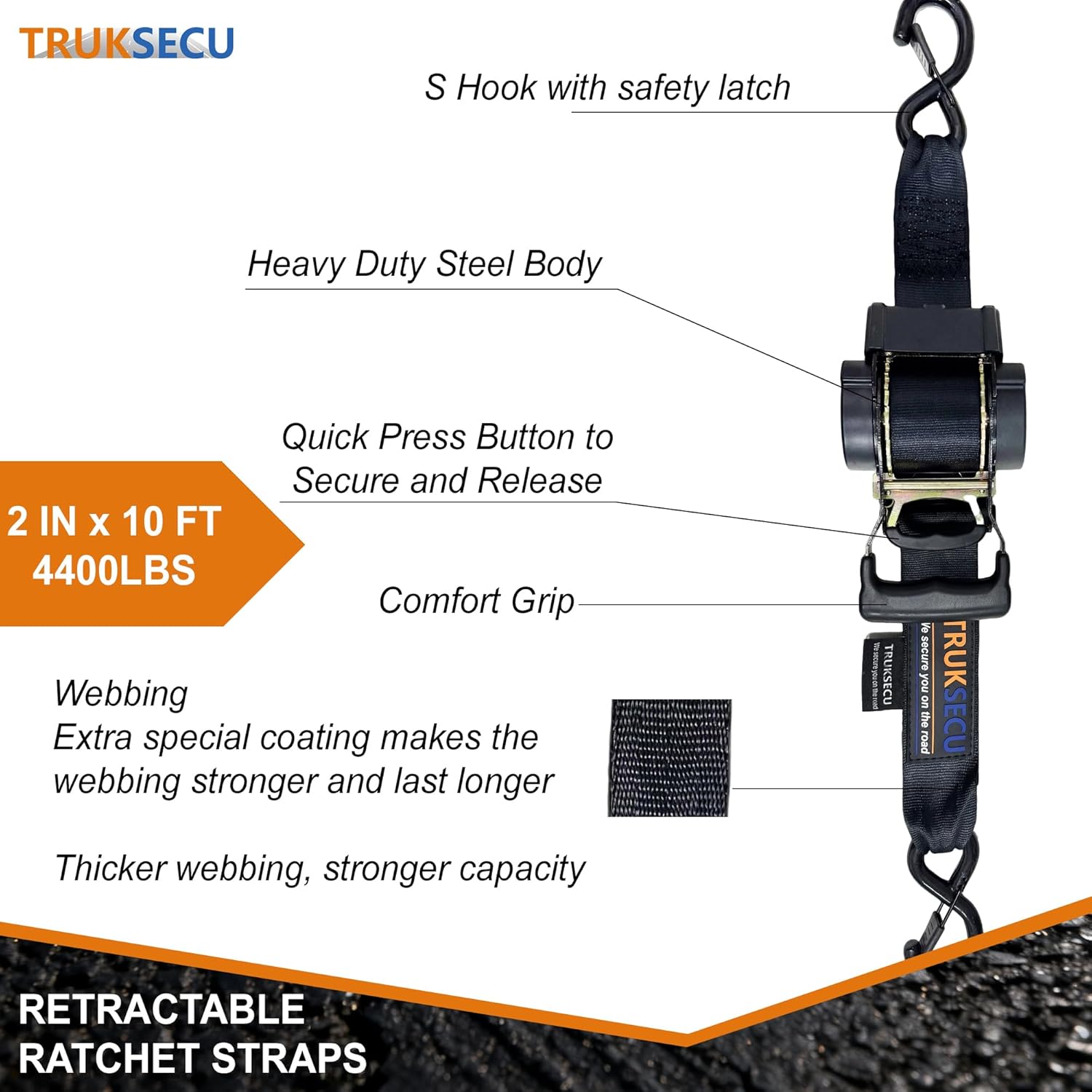 Retractable Ratchet Straps, 2 Inch x 10 Feet, 4400 lbs Breaking Strength, Heavy Duty Tie Down Set with Storage Bag, 2 Pack, Black