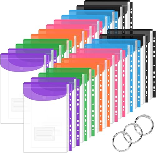 Miniatura 9 de Paquete de 12 sobres de plástico con 11 agujeros, carpetas expandibles para documentos de 234 anillos con botón a presión y etiquetas, hojas sueltas