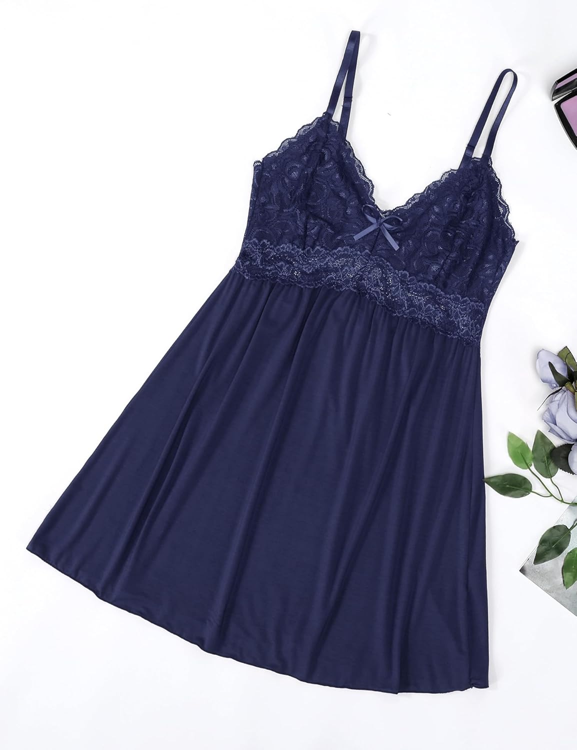 Women Lace Modal Nightwear Sleepwear Chemises V-Neck Full Slip Babydoll Nightgown - Image 6