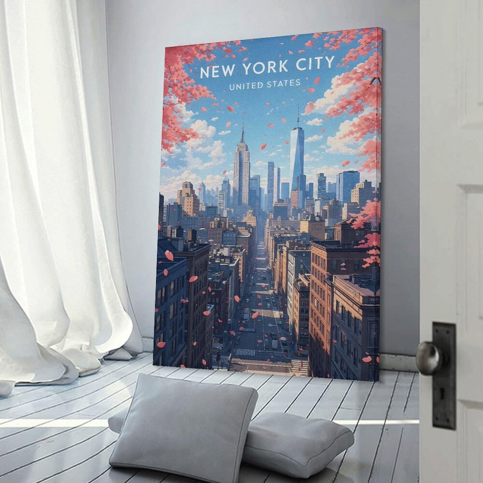 Junmoney Frame-Style-1-1 Hanging Wall Art New York City Skyline With Cherry Blossoms, 08X12inch(20X30cm), For Gallery Wall Layouts In Home Or Office, An Easy Match For Collected Prints