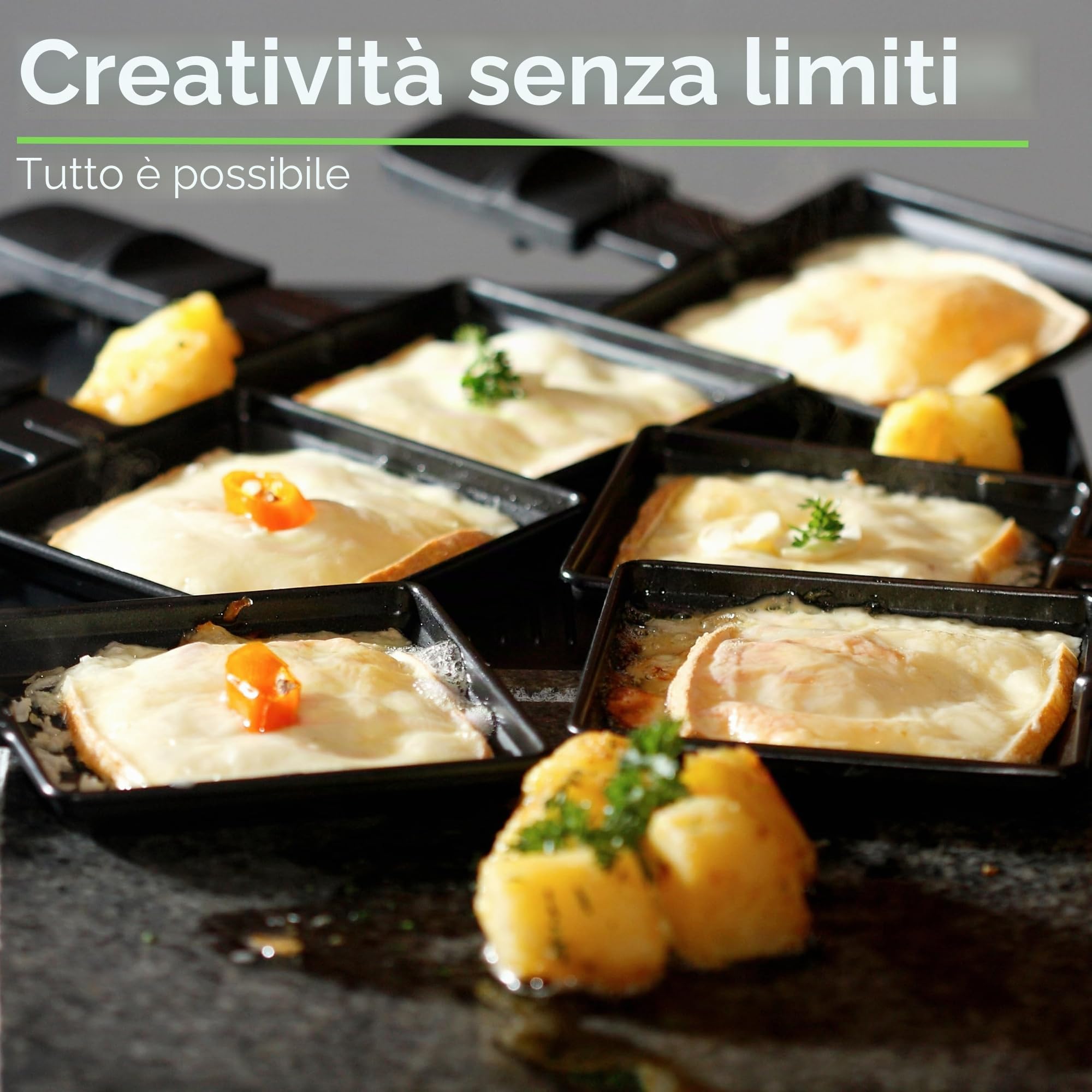 Dispositivo per raclette per 8 persone, griglia da tavolo, barbecue elettrico, con piastra in pietra naturale e rivestita, elemento riscaldante in acciaio inox, 1400 Watt