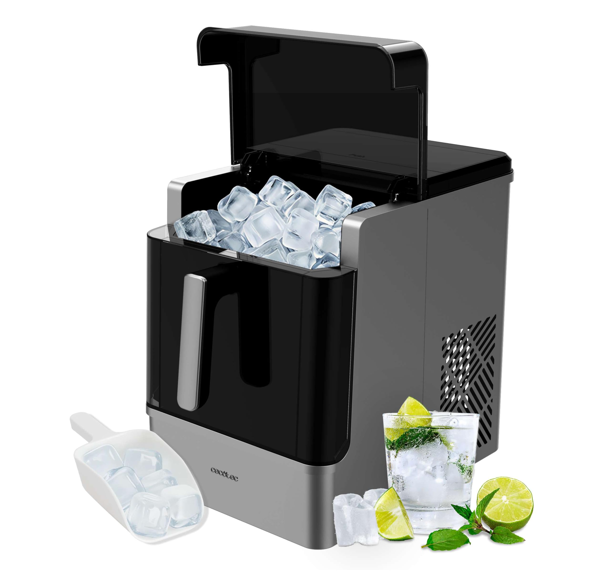 Cecotec Máquina de Hacer Hielo Chillin' Ice 2300. 23kg/24h, Depósito Hielo 1,8kg, Depósito Agua 2L, Compresor con Enfriamiento por Aire, Cubitos Sólidos, Hielo Siempre Disponible