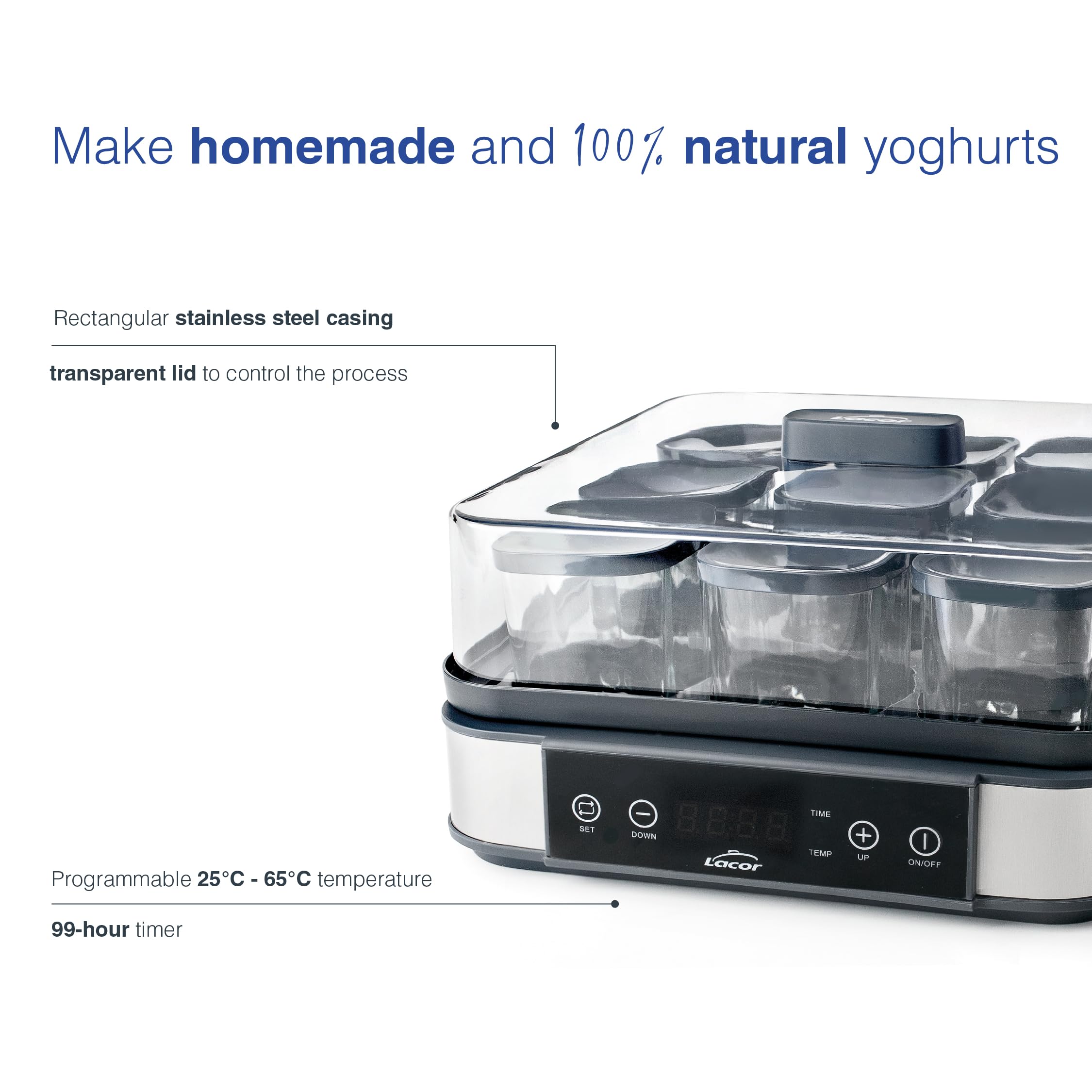 Lacor - 69439 - Yogurtiera in Vetro Deva, 9 Vasetti di Vetro Inclusi, Temperatura Regolabile, Timer, Spegnimento Automatico, Include Ricettario, 100% Senza BPA, 170ml x 9