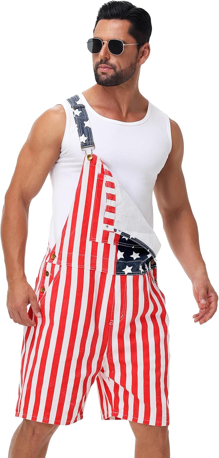 AOBUTE Unisex 4th of July Denim Bibs Overalls Men American Flag Printed Shorts Rompers Jumpsuit - Image 5