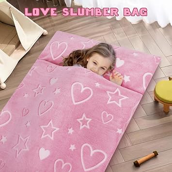 Kids Sleeping Bag with Pillow,Glow in The Dark Nap Mat for Toddlers Boys Girls,Large & Comfy Plush Slumber Bag for Sleepovers Camping Travel