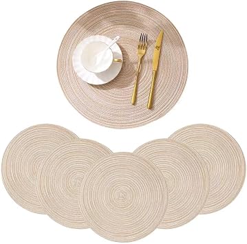 15 Inch Round Placemats for Dining Table Set of 6 Fabric Table Mats Washable Round Braided Placemats for Dining Table Heat Insulation KitchenBeige, 6pcs