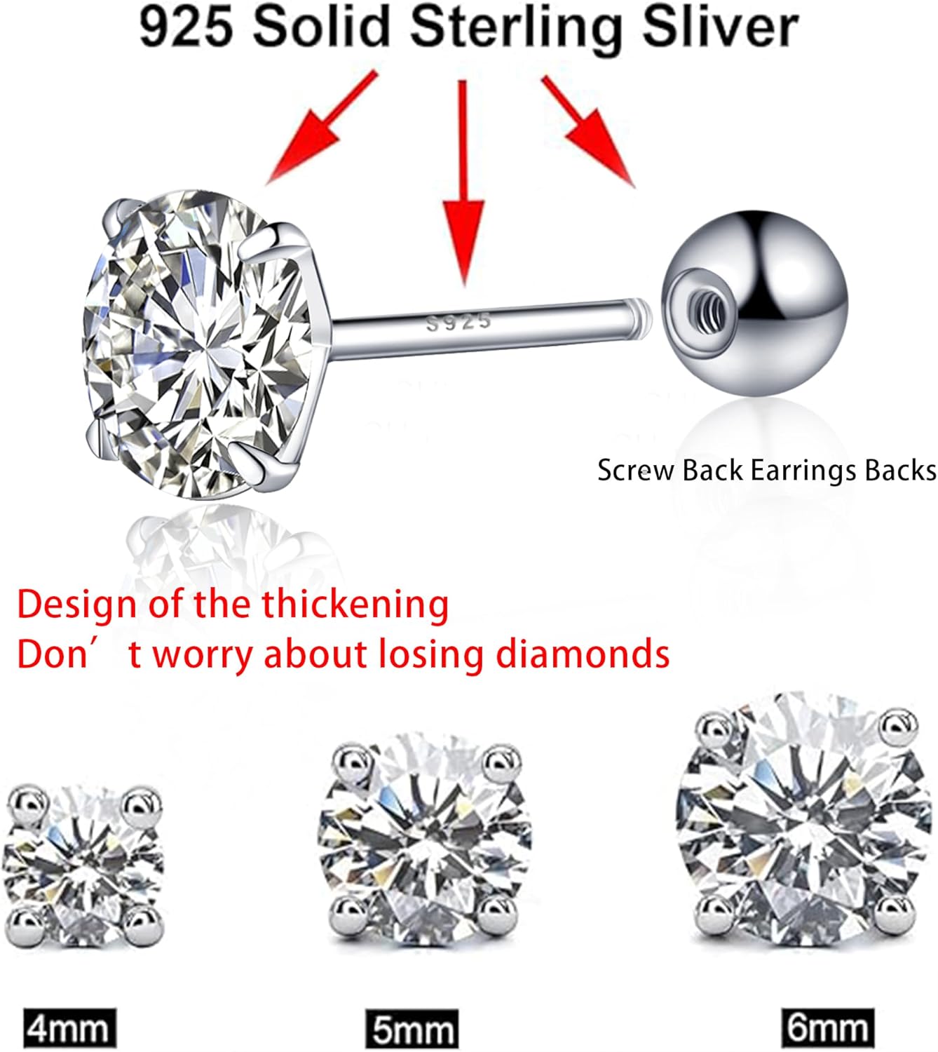 925 Sterling Silver Earrings, Cubic Zirconia Stud Earrings, Diamond Stud Earrings for Women - Image 2