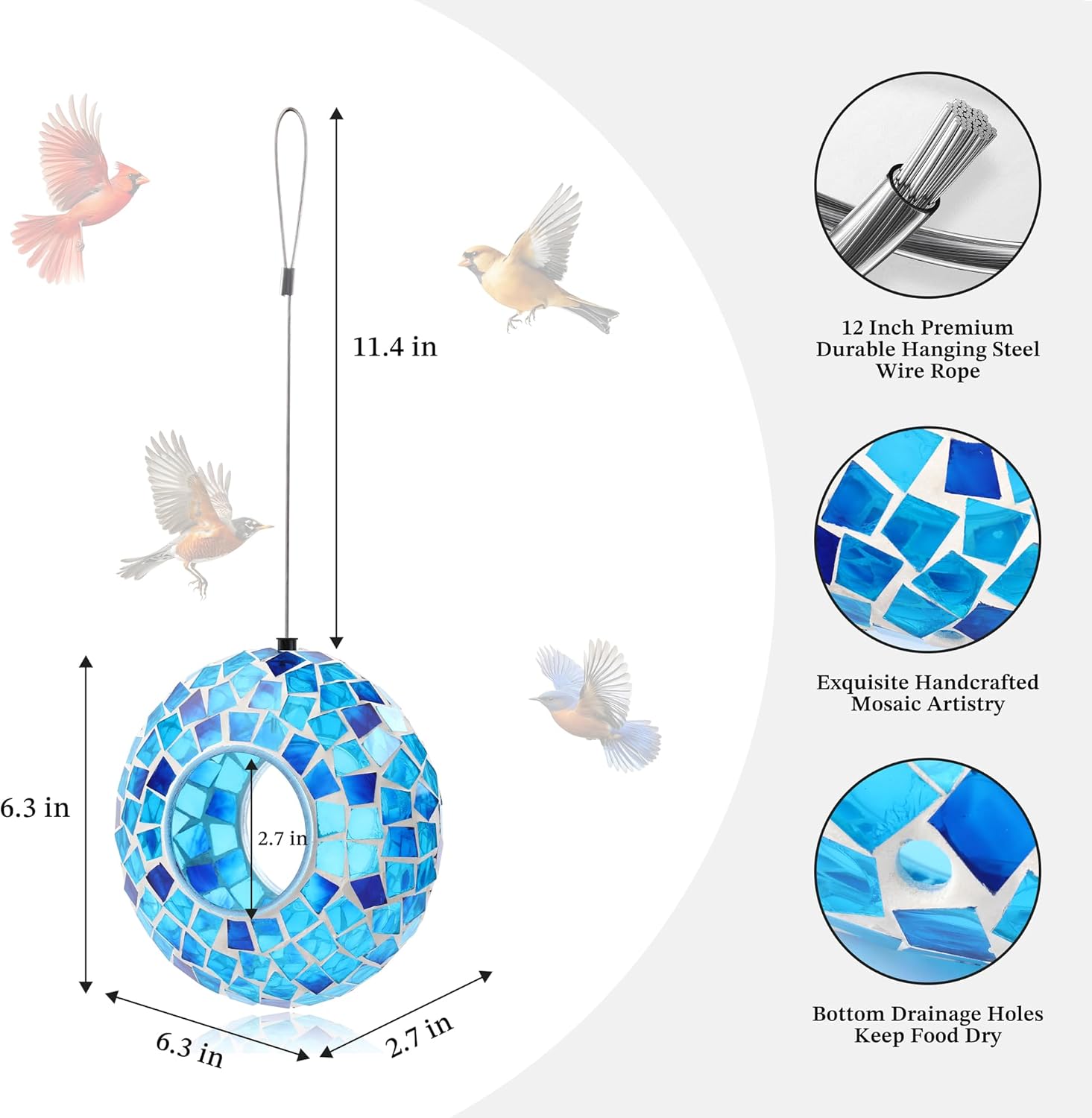 SAVENNA Mosaic Glass Hanging Bird Feeder, 6.3 Inch Handcrafted Outdoor Feeder with Steel Wire Rope, Decorative Garden & Patio Feeder for Wild Birds, Blue Mosaic Design