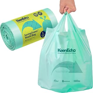5 Gallon 50 Counts Small Green Trash Bags with Handle, Ocean Fishing Nets Upcycling, Sage & Sea Salt Scented, Plastic Garbage Bags, Waste Bag for Bathroom, Kitchen, Office and Pets
