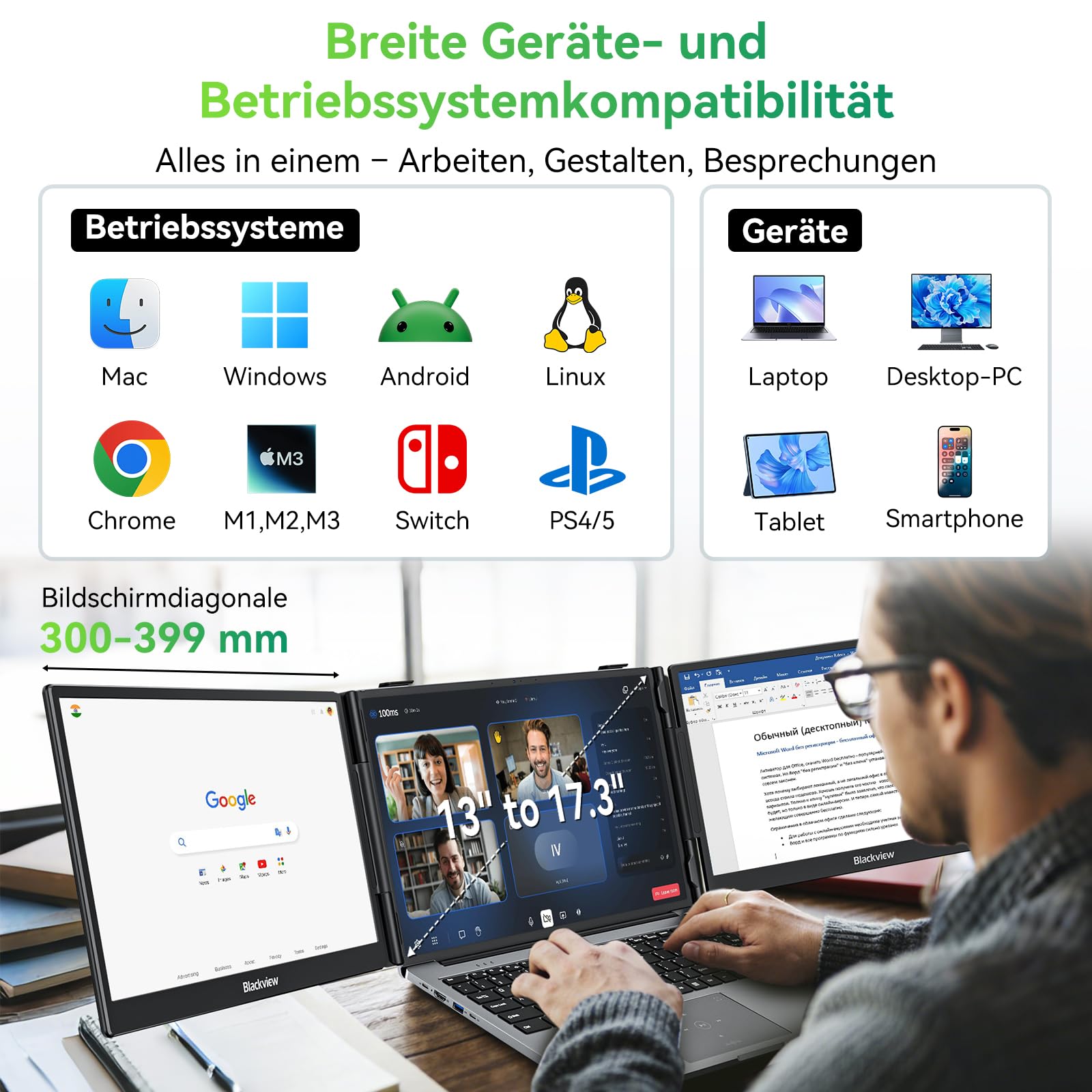 Blackview Laptop Monitor Erweiterung 14", Niedriges Blaulicht 1080P FHD HDMI/USB-A/USB C/100W PD-Rückwärtsladung Portable Monitor für Laptop 13,3"-17,3"/Smartphone/PC/Mac/PS5/Xbox