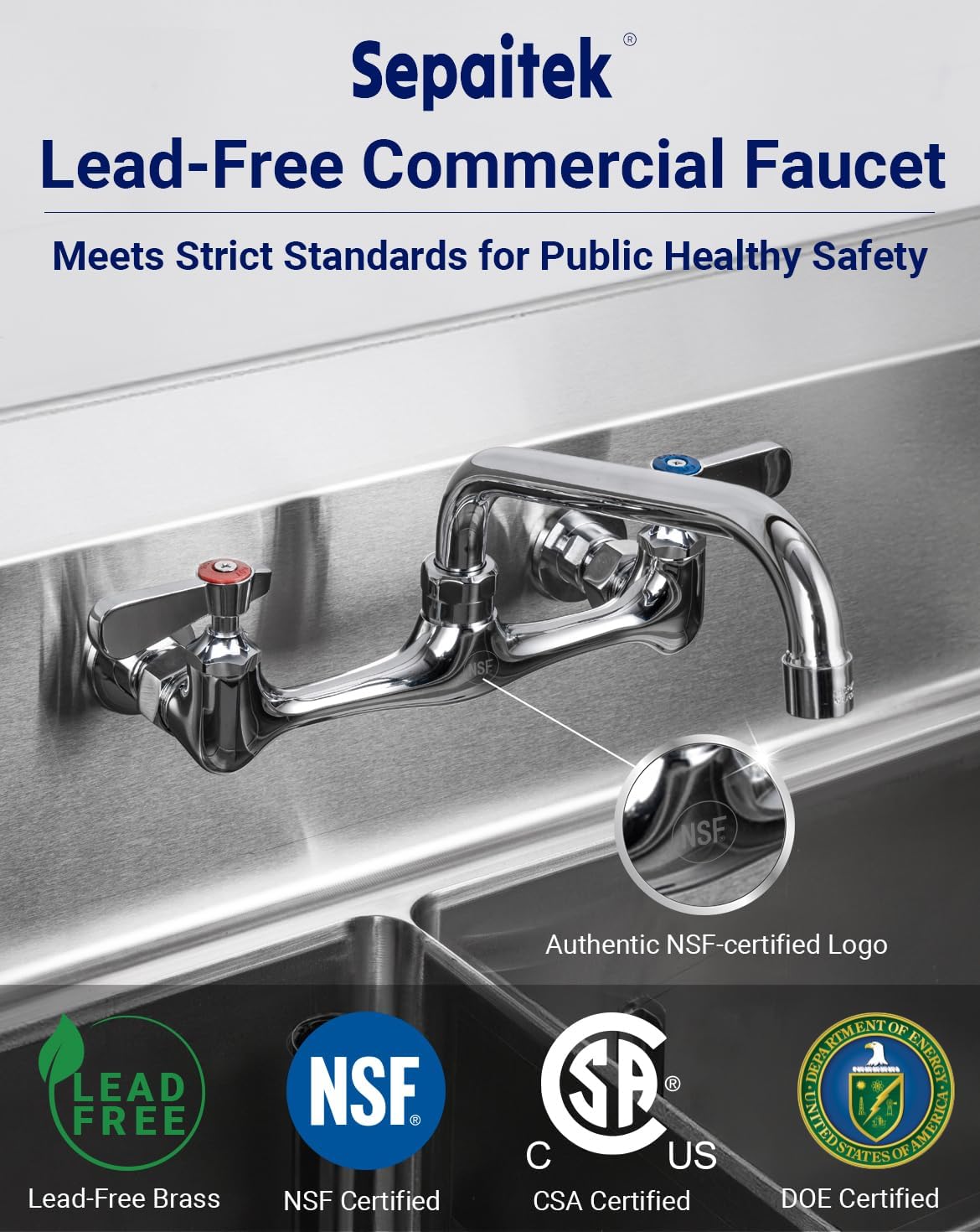 NSF Certified Lead-Free Commercial Sink Faucet 8 inch Center Spread, Wall Mount Kitchen Sink Faucet 2 Hole with 8" Swivel Spout, Brass Faucet with Ceramic Valve, Installation Kit Included