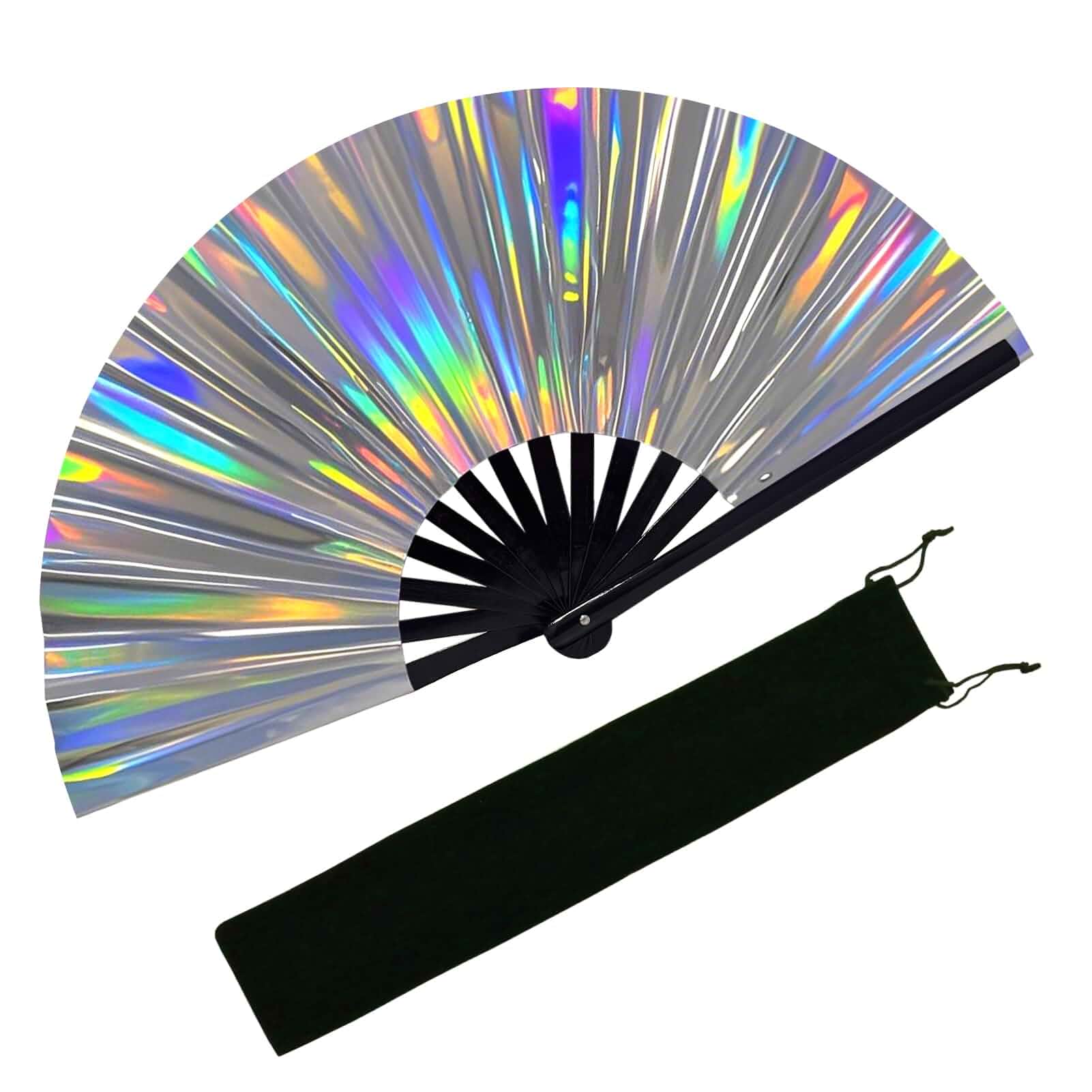 EOSAU Large Holographic Rave Fan, Folding Hand Fans for Line Dancing, White 100% Handmade, Sturdy Bamboo Ribs, Portable Handheld Clacking Fan for Festival, EDM, Party, Club, Music, Outfit Accessories