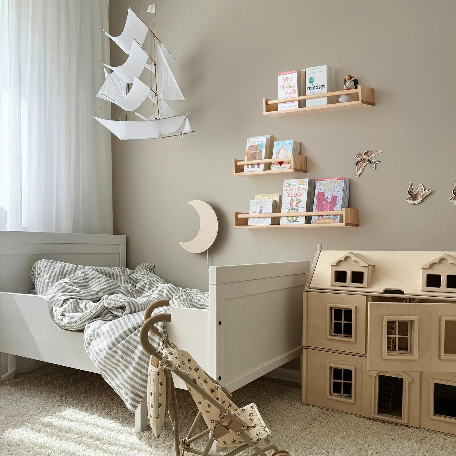 Pine Wood Nursery Shelves 16 inches - Set of 2 Wall Mounted Floating Bookshelves for Kids and Nursery, Ideal for Books, Toys, Spice Rack Thick Floating Shelves, Natural