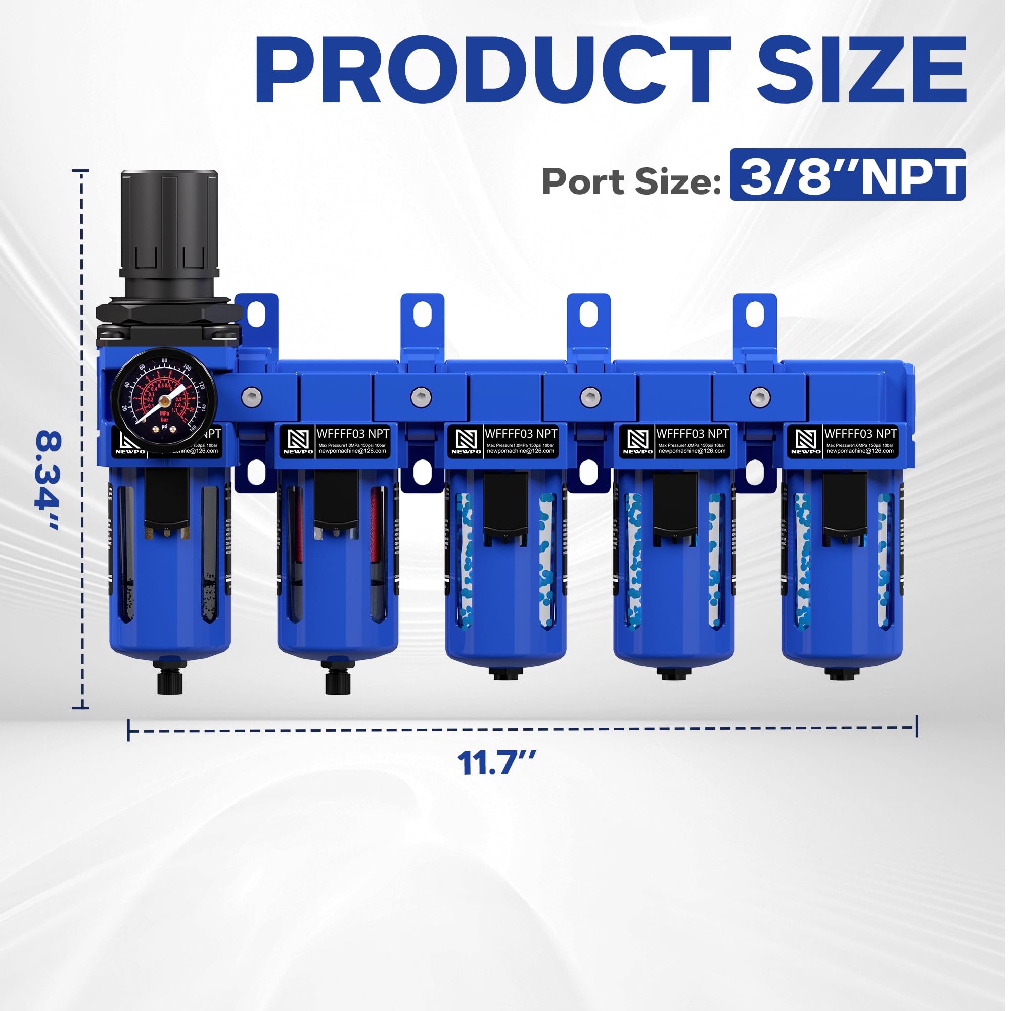 NEWPO Essiccatore d'aria NPT a 5 stadi da 3/8" per compressore, filtro in ottone e filtro a coalescenza, sistema di asciugatura dell'aria a triplo essiccatore essiccante, regolatore di pressione