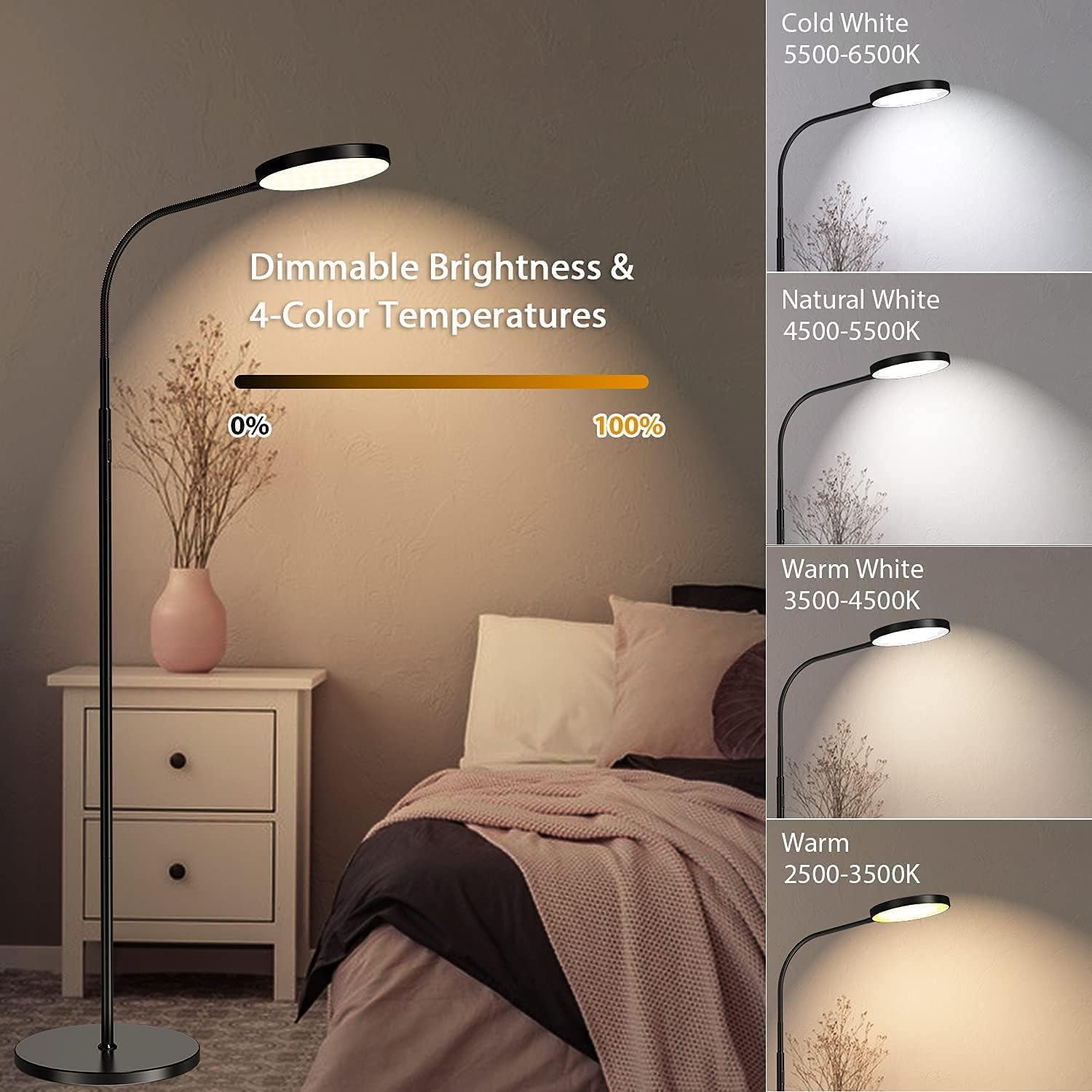 Keepsmile LED Floor Lamp with Touch and Remote Control 4 Color Standing Lamp with Stepless Dimmer Memorable Led Lamp Adjustable Gooseneck Reading Floor Lamps for Bedrooms, Living Room and Office