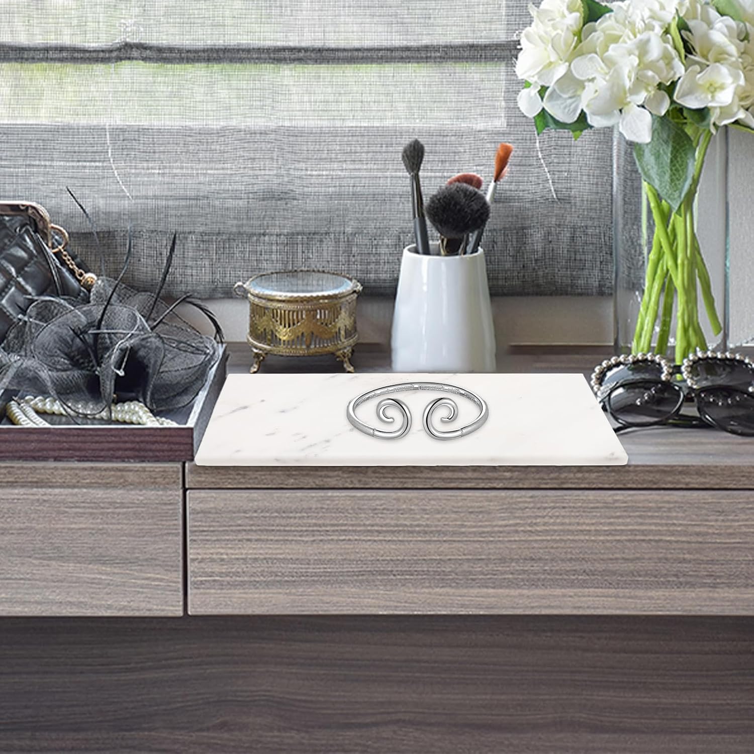 Natural Gray White Marble Storage Tray 30x15cm Rectangular Vanity Organizer for Bathroom Countertop Cosmetic and Key Holder