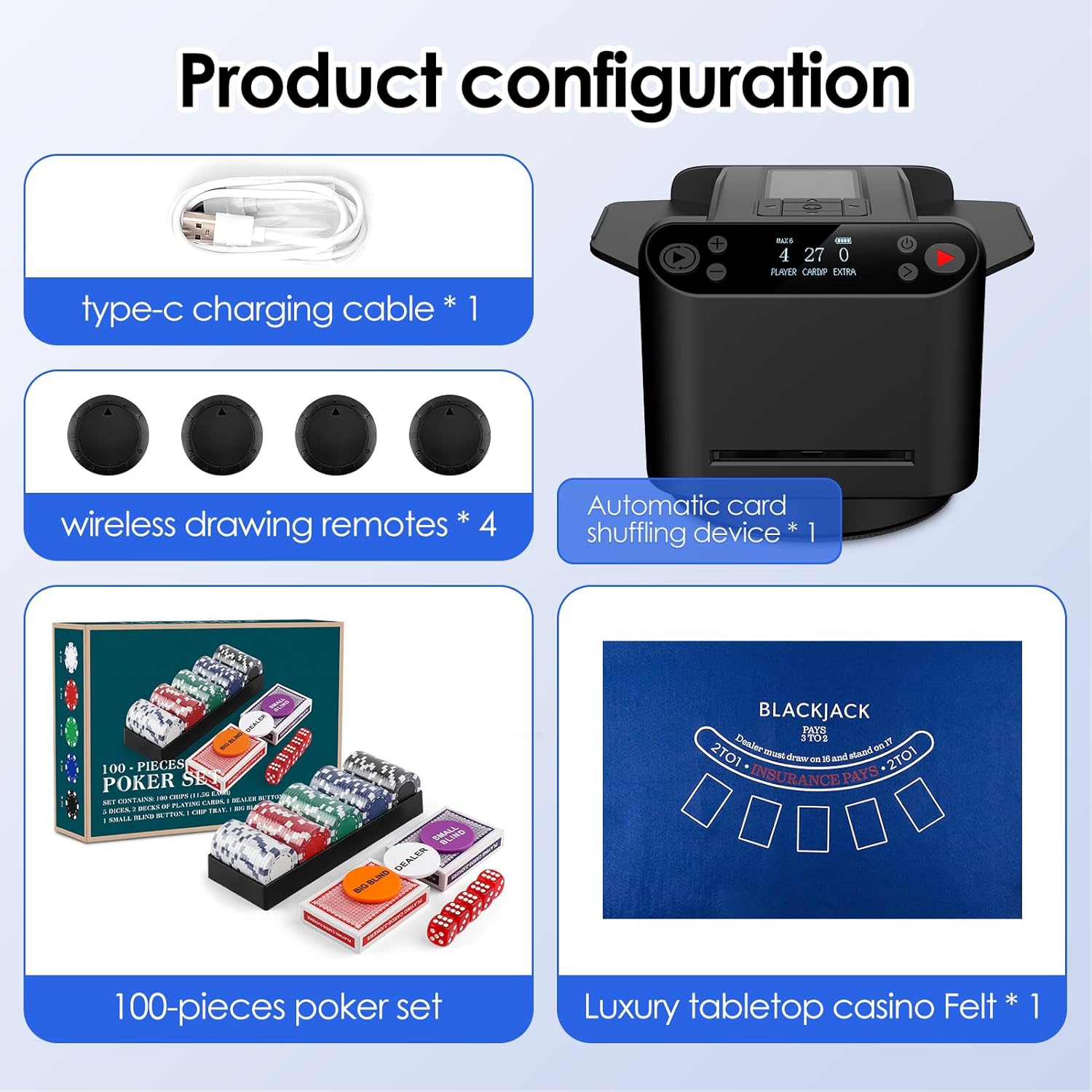 Automatic Card Shuffler and Dealer 2-in-1 with Extra Gift 100PCS Poker Set and Casino Felt - Support 12 Players, 4 Drawing Remotes, Built-in Gameplays, 360°/180° Deal, 2 Decks for Poker, UNO, Phase 10