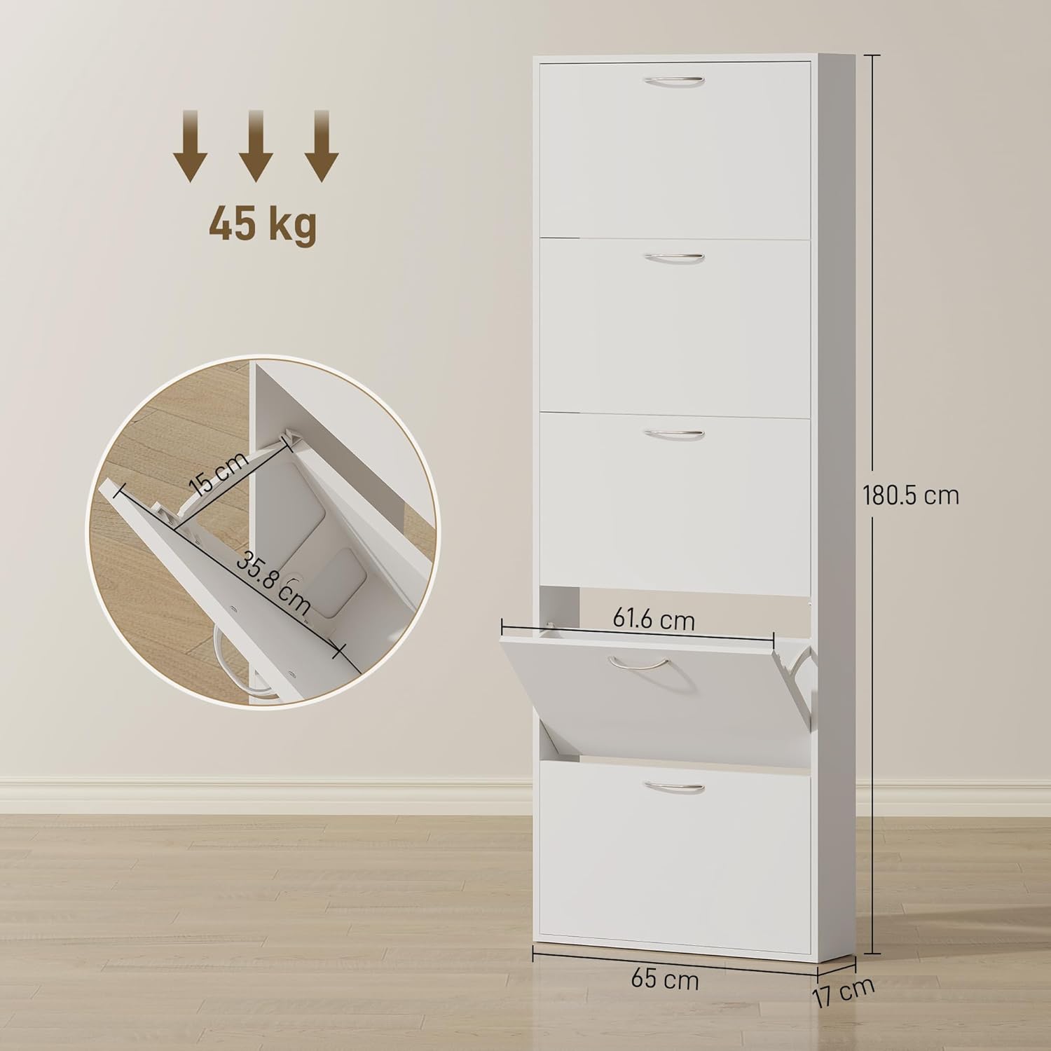 Diagram showing the dimensions of the HOMCOM shoe cabinet: 65 cm width, 17 cm depth, 180.5 cm height, and internal tilt door dimensions.