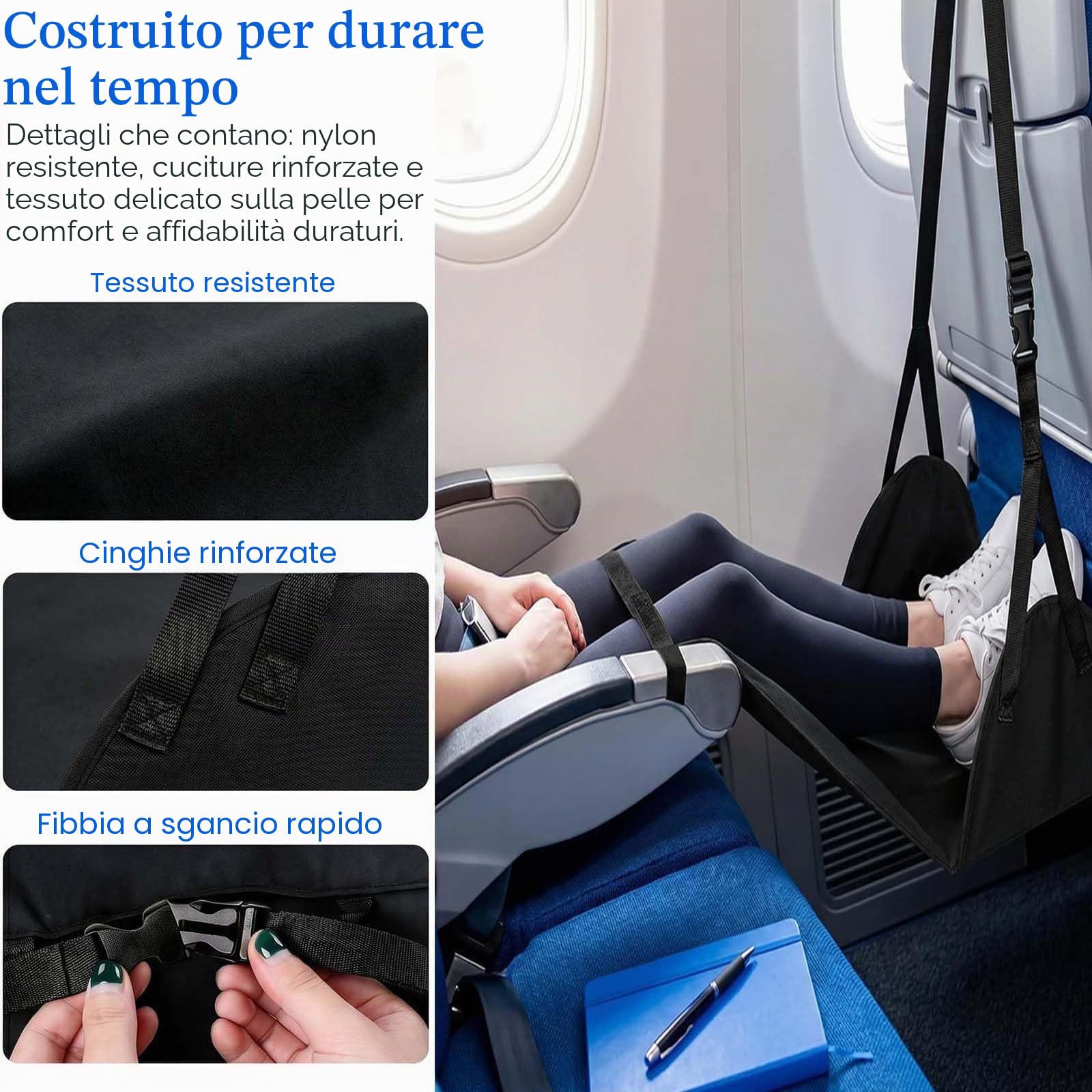 Poggiapiedi Aereo Portatile, Amaca per Piedi e Gambe Regolabile in Altezza, Adatto per Viaggi in Aereo, Ufficio, Treno, Autobus, Lunghi Viaggi, Nero