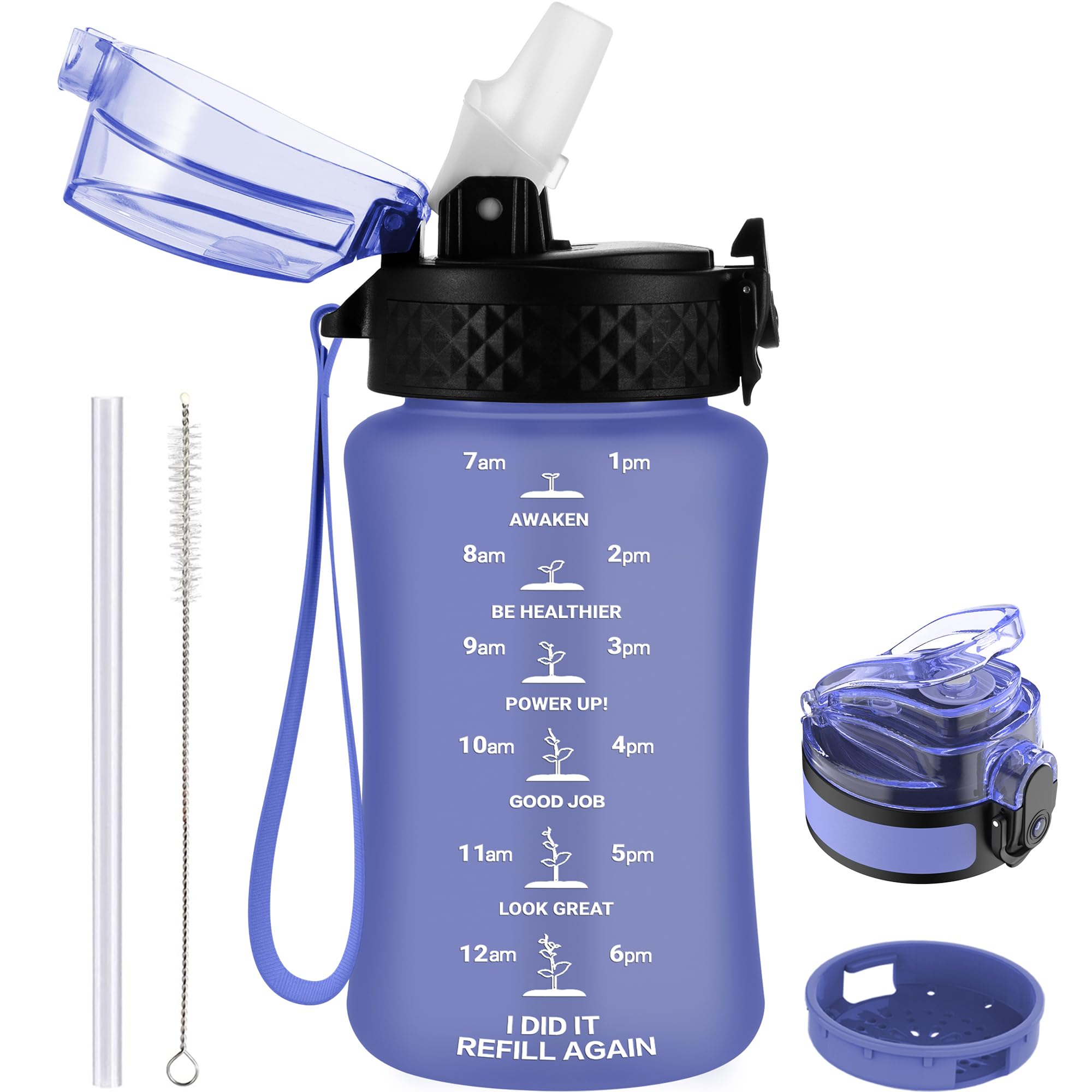 GOPPUS 350ml/12oz Kids Water Bottle With Straw Tritan Drinks Bottle with Strap Small Toddler Juice Bottles with Flip Top Lid Leakproof Children's Cup with Time Marking BPA free Girl Boy (Purple) — image 1