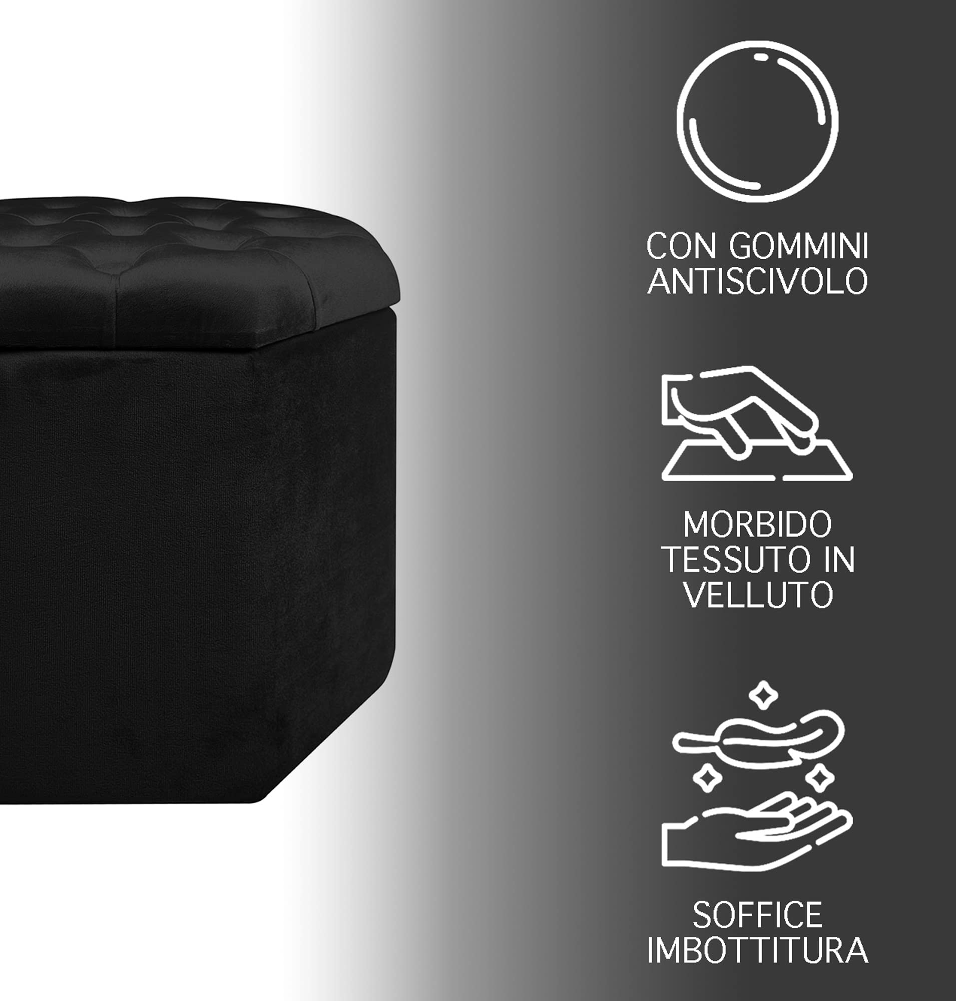 IlGruppone Pouf Ottagonale Contenitore Poggiapiedi Salotto in Velluto Sgabello Camera Design Pouff Poltroncina Cameretta - Nero