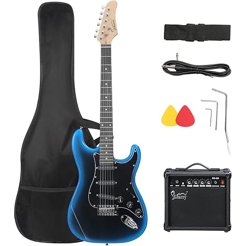 GLARRY Full Size Electric Guitar for Music Lover Beginner with 20W Amp and Accessories Pack Guitar Bag (BLACK & BLUE, 39" Right Handed)