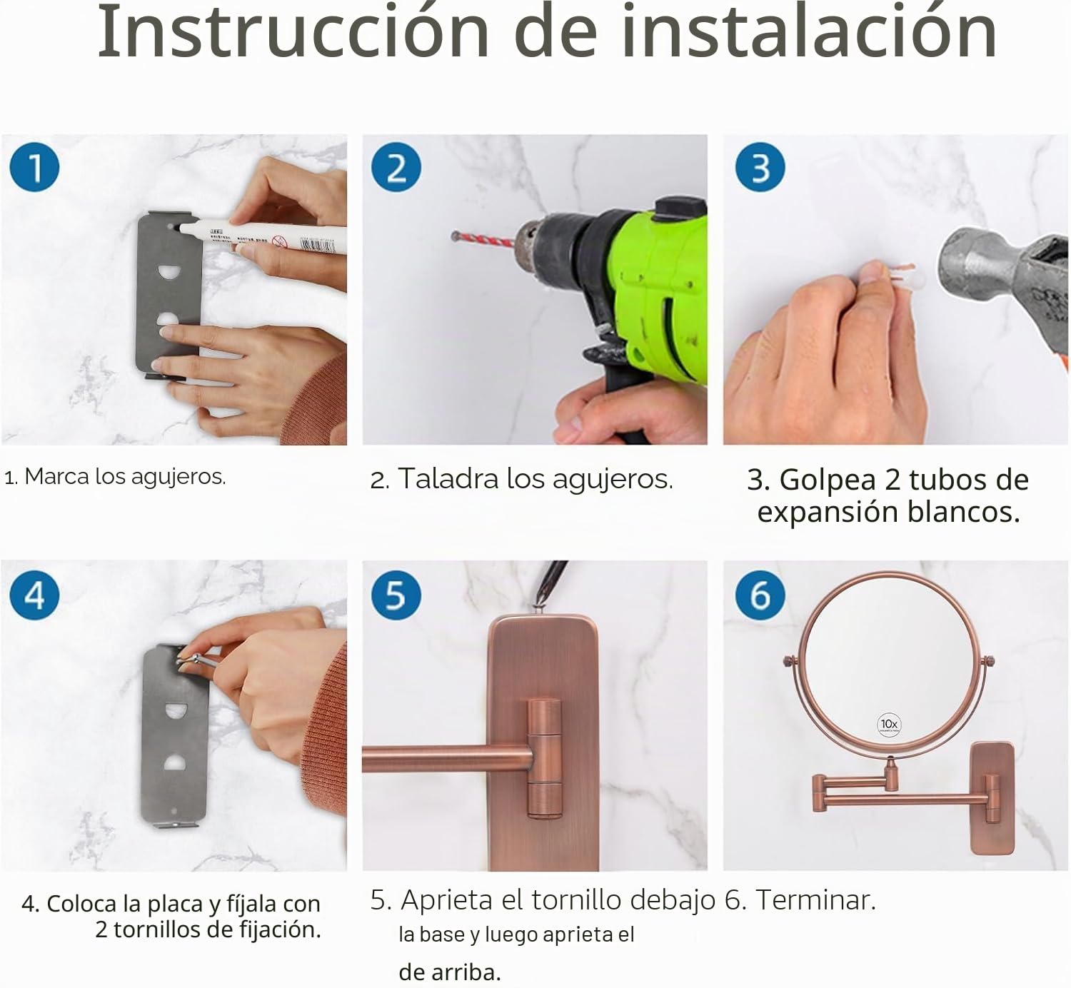 Nicesail Espejo de maquillaje para pared, color oro rosa mate, con aumento, 10 aumentos, espejo de aumento para baño, espejo de afeitar extensible, diámetro 20 cm