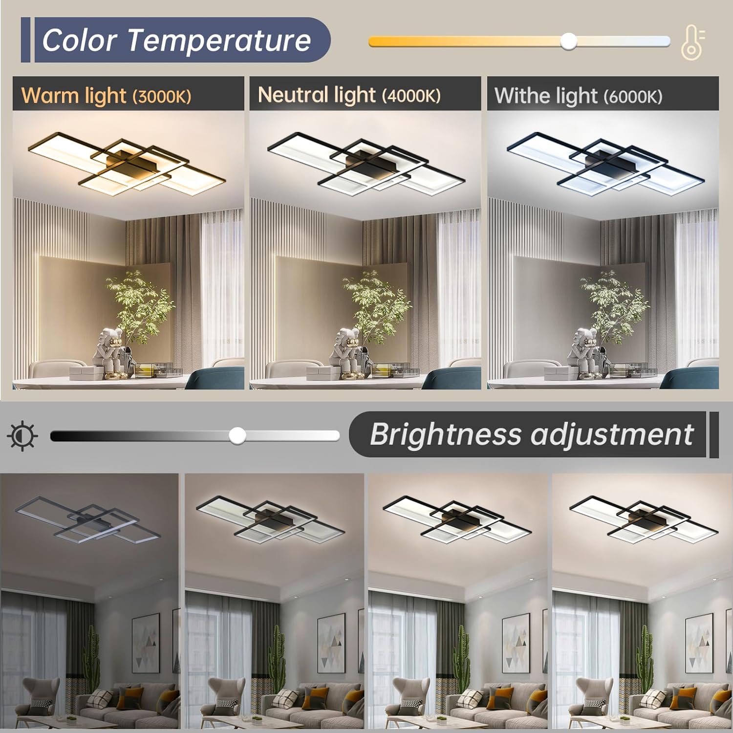 TYJY LED Deckenleuchte 60W Dimmbar Deckenlampe Wohnzimmer, Moderne Rechteckige Wohnzimmerlampe mit Fernbedienung, 3000K-6000K, Deckenbeleuchtung Lampe für Schlafzimmer Wohnzimmer (80cm, Schwarz)