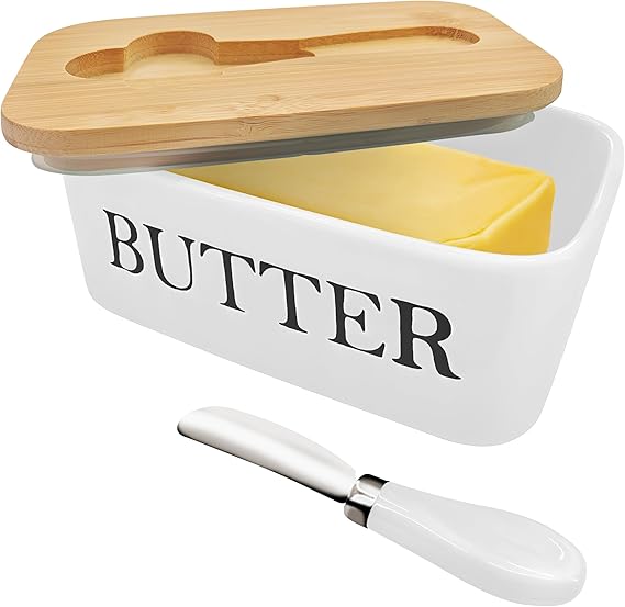 Butter Dish with Lid and Knife Spreader for Countertop and Refrigerator, Keep Butter Fresh, Easy Scoop, Dishwasher Safe, Butter Keeper Tray for West/ East Coast Butter (white)