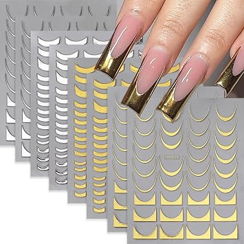 8 Sheets Gold Silver French Stripe Line Nail Stickers, 3D Self-Adhesive