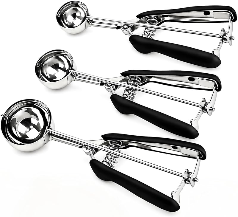 Juego de cucharas para galletas, cucharas para hornear, juego de 3, cuchara para masa para galletas pequeña/mediana/grande, cuchara para galletas de 1/2/3 cucharada con gatillo, acero inoxidable 18/8, antideslizante