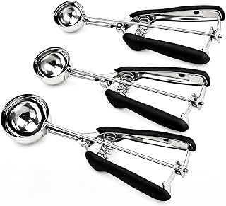 Juego de cucharas para galletas, cucharas para hornear, juego de 3, cuchara para masa para galletas pequeña/mediana/grande, cuchara para galletas de 1/2/3 cucharada con gatillo, acero inoxidable 18/8, antideslizante