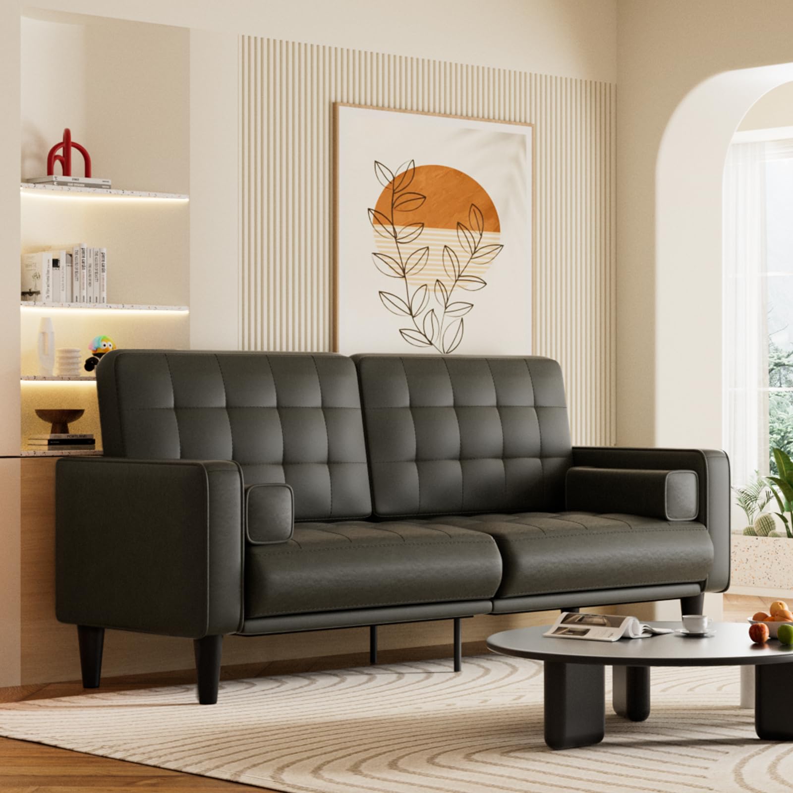 70” Mid-Century Modern Couch, Breathable Faux Leather Couch with Upholstered Cushions/Pillows, Loveseat Sofas & Couches, for Living Room (Black)