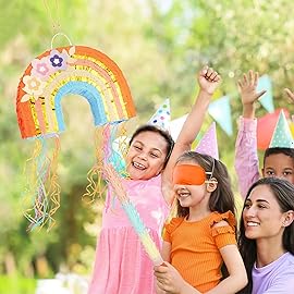 WERNNSAI Rainbow Pinata - Rainbow Pull String Pinata with Bundle with Blindfold and Bat for Girls Kids Piata Boho Theme Birthday Party Decoration Game for Baby Shower Carnival Summer Party Supplies