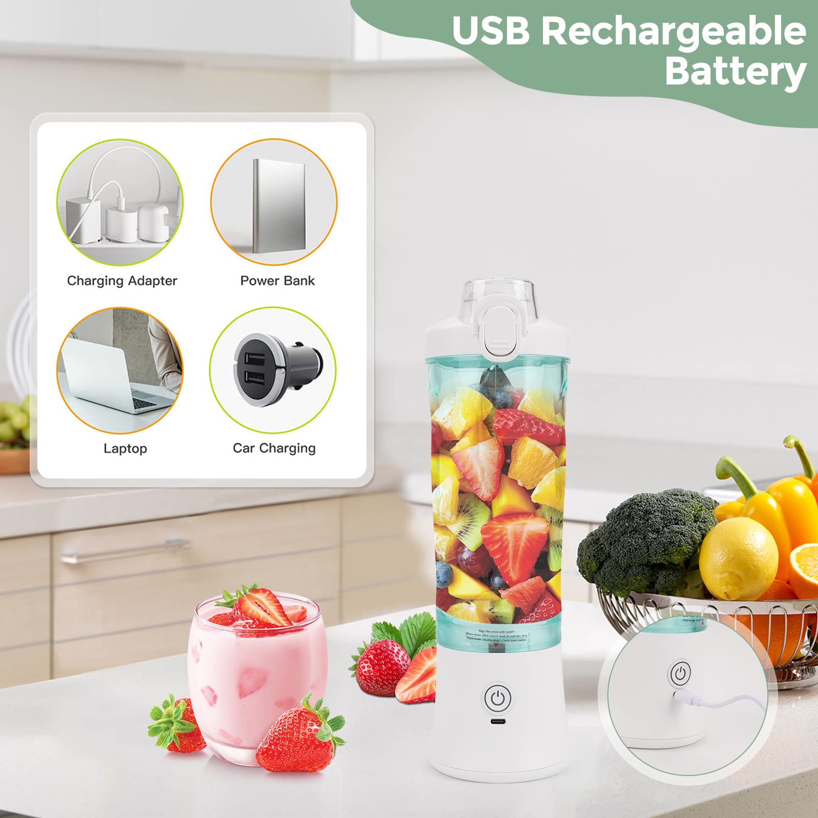 Frullatore Portatile, 600ML Mini Frullatore Smoothie USB Ricaricabile con 6 Lame Frullatore Personale per Frullati, Frutta e Verdura Tazza per Casa, Campeggio e Viaggi (bianco)
