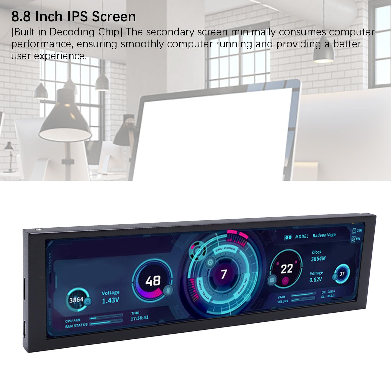 Tonysa 8.8 -calowy Monitor Pionowy, Aluminium Stopu USB C Ekran Wtórny, Automatyczne Odtwarzanie, rozdzielczość 1920 X 480, Wyświetlacz PH/Gniazda, Mocowanie VESA i Niskie Zużycie