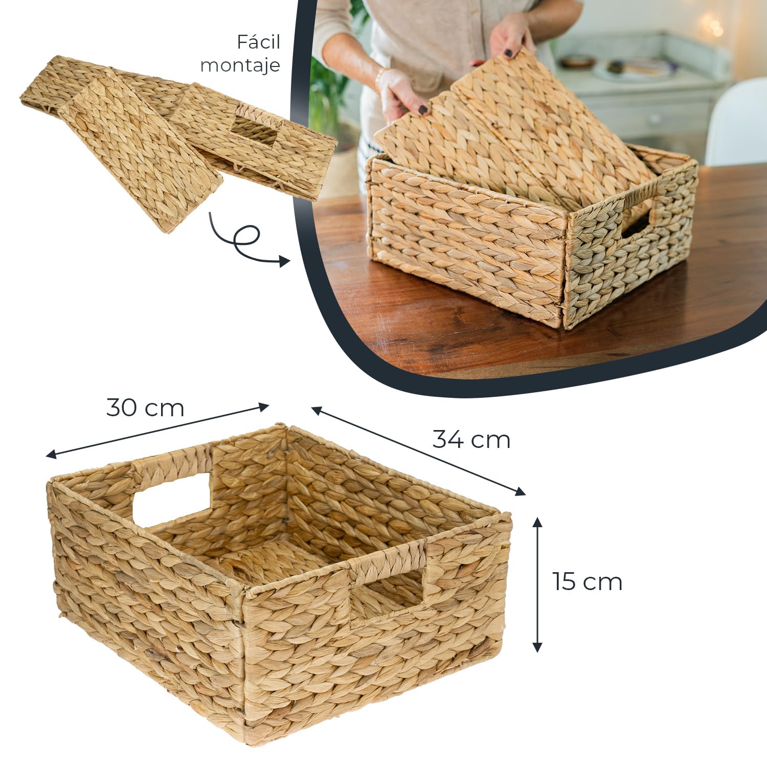 HMF cesta de almacenaje compatible con KALLAX medio compartimento, cesta tejida de jacinto de agua con asas Juego de 2 30x34x15 cm Natural