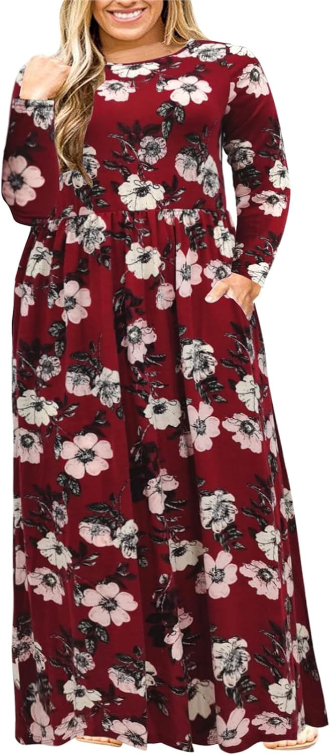 Nemidor Plus Size Maxi Dress for Curvy Women Fall Casual Loose Long Sleeve Dresses with Pocket 14-26