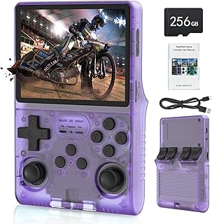 جهاز تشغيل ألعاب فيديو رقمية محمول باليد 30000 في 1 R40S برو بشاشة IPS 3.5 بوصة وبطارية 3800mAh، جهاز ألعاب اركيد للأطفال فوق 12 سنة مع بطاقة TF 256G من FHYRGF، أرجواني شفاف