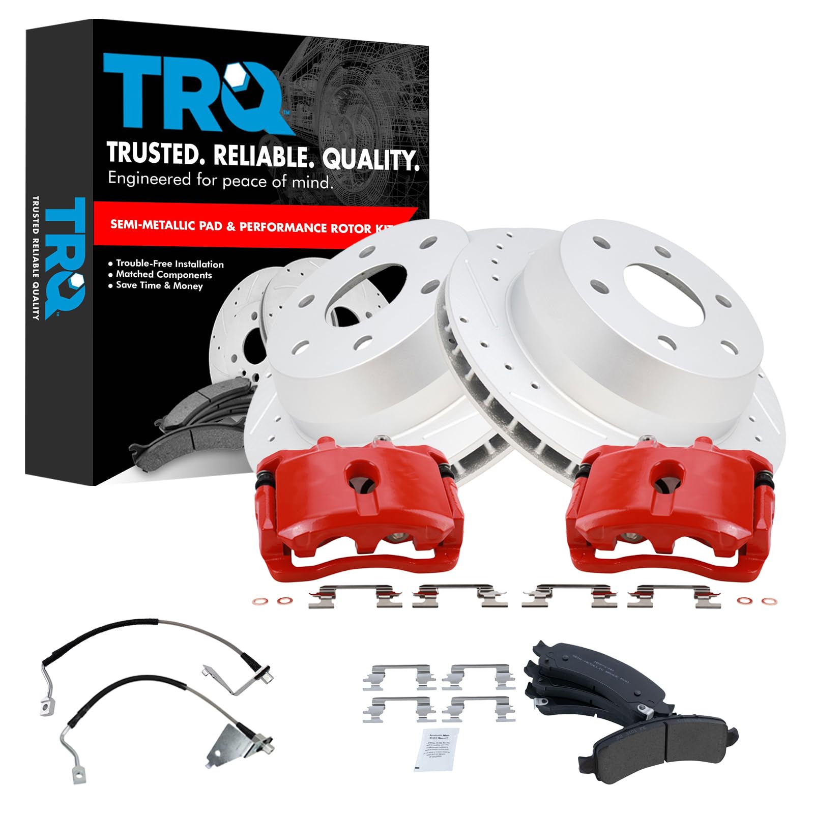TRQ Performance Rear Performance Brake Pad &amp; Rotor Kit Semi-Metallic Premium G-Coated Compatible with 2003-2009 Chevrolet Express 1500 2003-2013 GMC Savana 1500