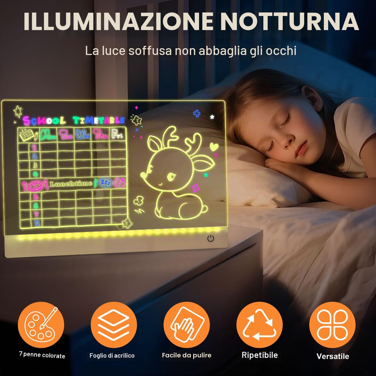 Tavola da disegno a LED con penna a 7 colori, 30 x 20 cm, lampada da disegno a LED per bambini, in acrilico cancellabile a secco, per appunti, scarabocchiare, da scrivania, regalo per bambini, scuola
