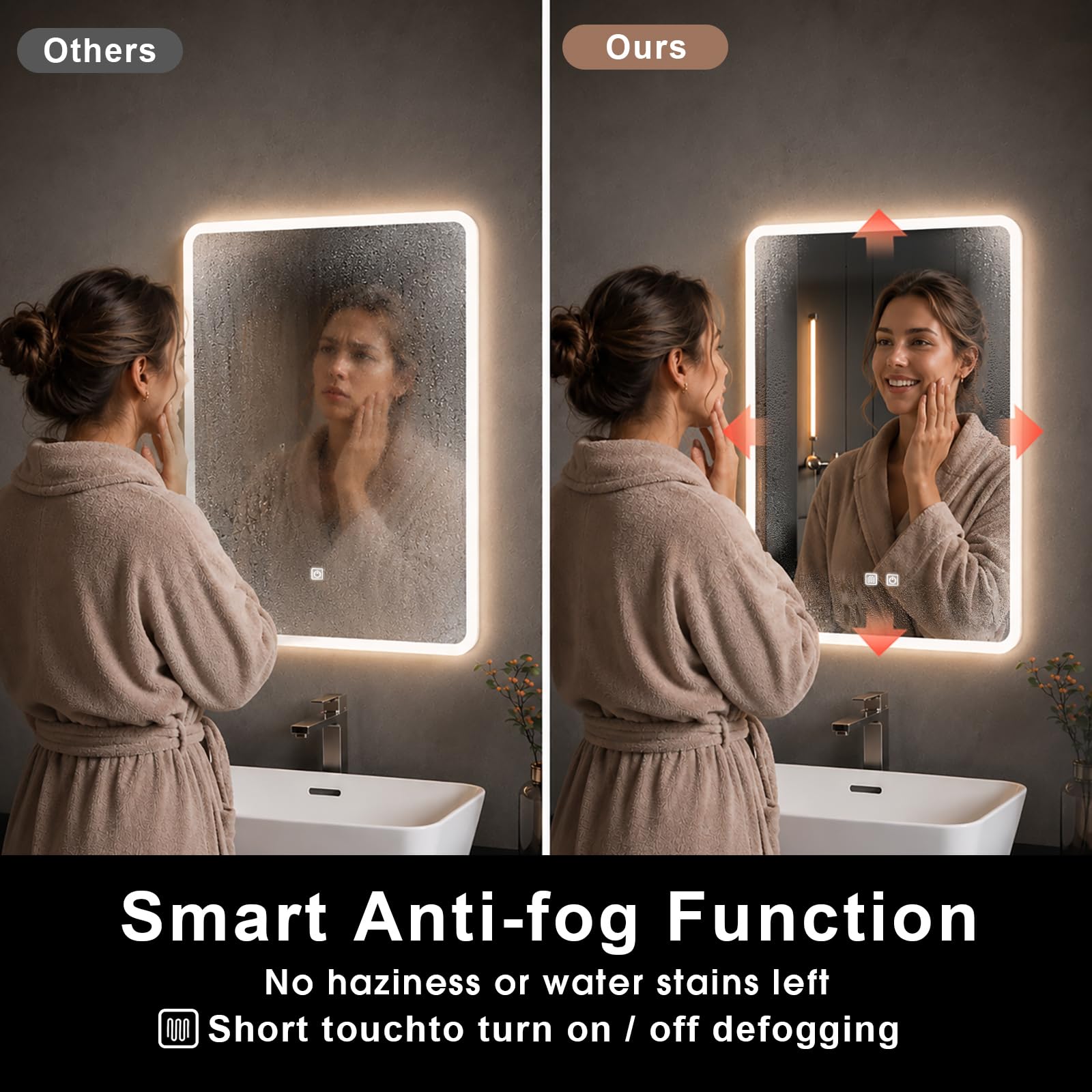 Espejo de baño con luces LED, espejo iluminado de 60x45cm para baño con función antivaho, luces regulables de 3 colores, retroiluminación, montado en la pared, resistente al agua, control