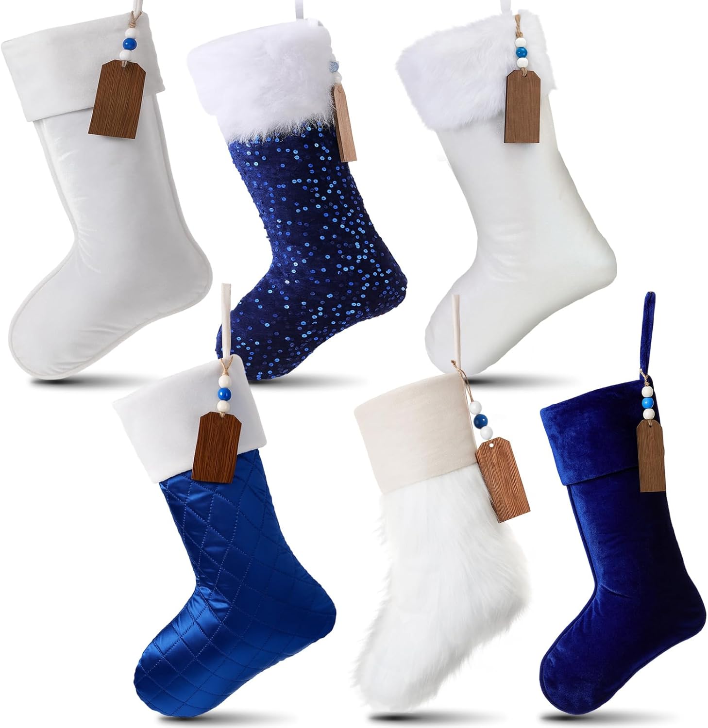 MiniInflat 6 Pack Christmas Stockings and 6 Pcs Wooden Xmas Name Tags, 14 Inch Plush Velvet Sequins Glitter Personalized Hanging Stockings for Christmas Fireplace Home Decorations(Blue)