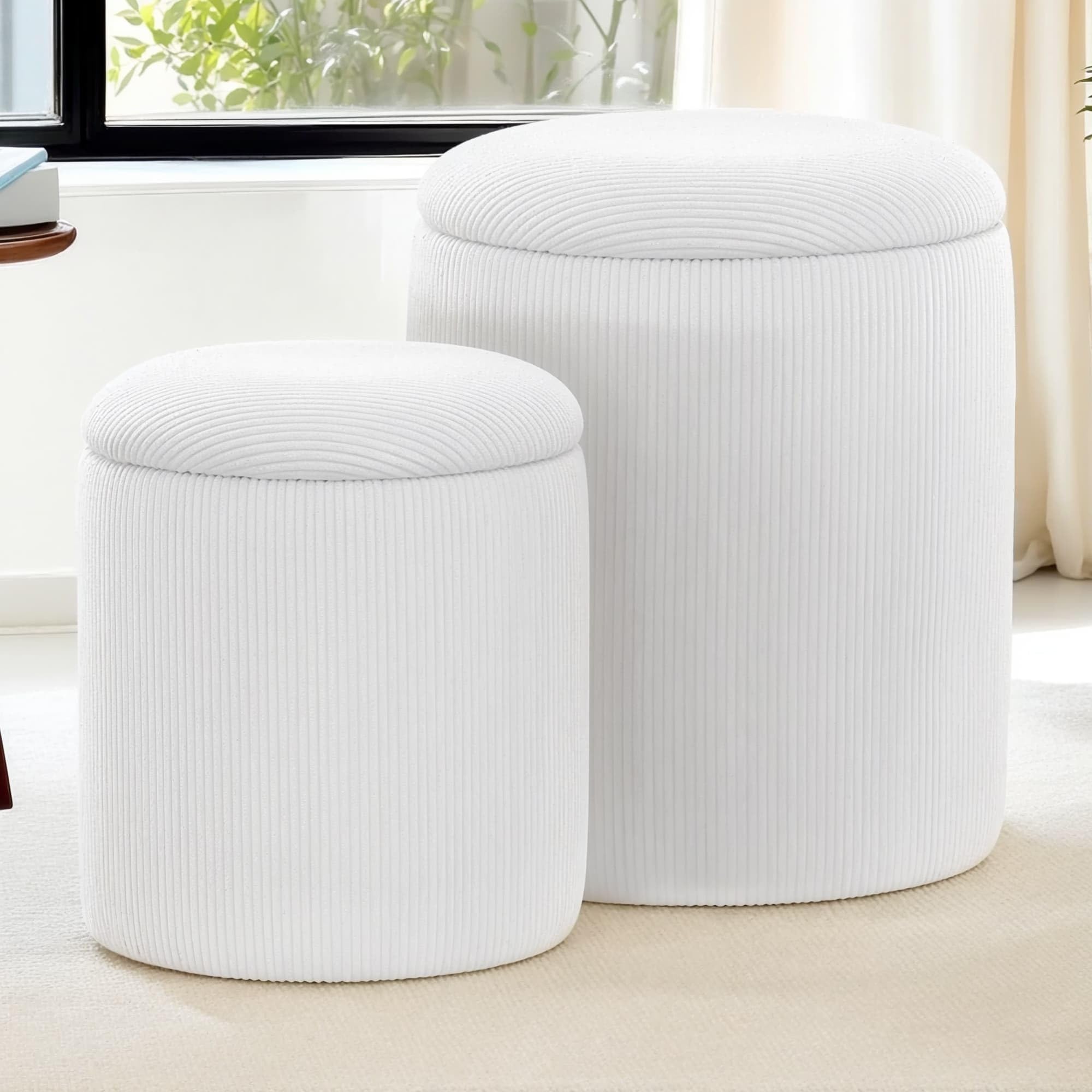 YSICK Round Ottoman with Storage Set of 2, Small Vanity Stool with Storage as Vanity Chair, Corduroy White Ottoman Foot Rest for Small Space, Bedroom